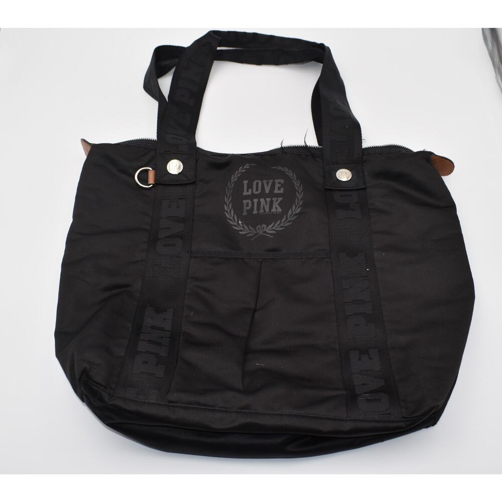 Love Pink Brand Large Black Tote Zipper Closure Multi Pockets Pink Logo Lined